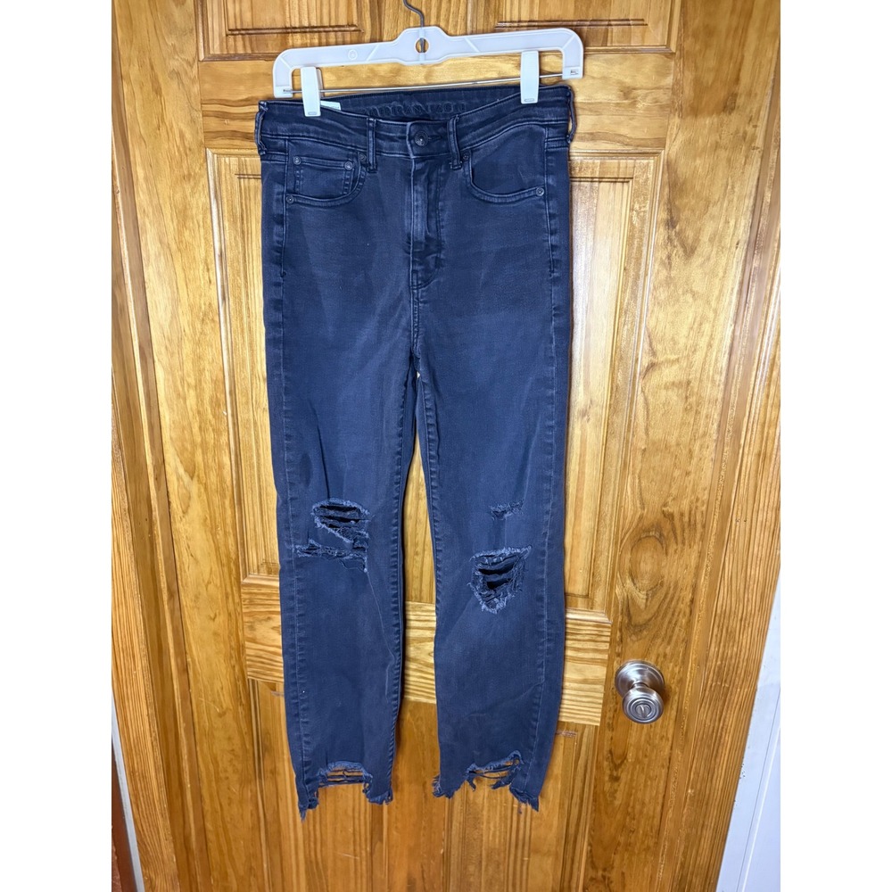 American Eagle Super Stretch High Rise Distressed Raw Hem Jeans Black 6 Long